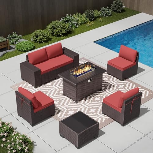 Image of 7 PCS Outdoor Patio Furniture Set,Outdoor Sectional Furniture with 43 inch 55000 BTU Gas Propane Fire Pit Table,All Weather PE Rattan Wicker Patio Conversation Set,Red