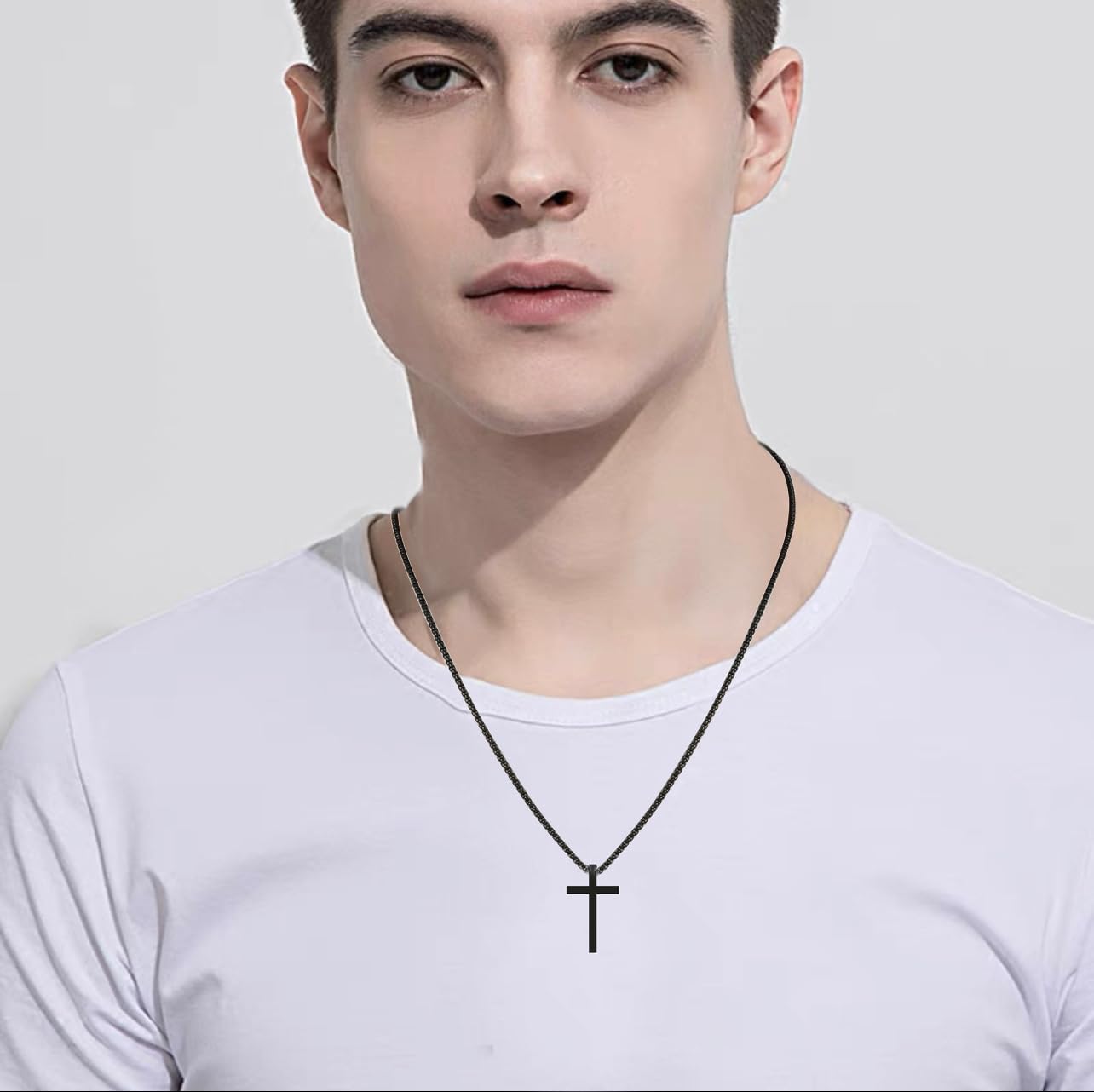 2 Pcs Cross Necklace for Men, Silver Black Stainless Steel Bible Verse Cross Pendant Necklace for Men, 2.5mm Box Chain - Image 4