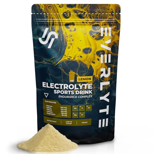 EVERLYTE Lemon Elektrolyte Pulver mit Natrium, Kalium, Calcium, Magnesium & Chlorid für optimale Hydration / 35 Anwendungen kalorienarmes Sport Getränkepulver/natürlich, vegan, zuckerarm
