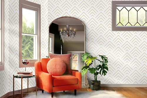 Image of TEKCOOL Self Adhesive Wallpaper White and Gold Pattern Peel and Stick Wallpaper Gold Lines Geometric Sticky Back Vinyl Removable Contact Paper Wall Covering Decorative Film DIY 45x300cm (White-2pc);