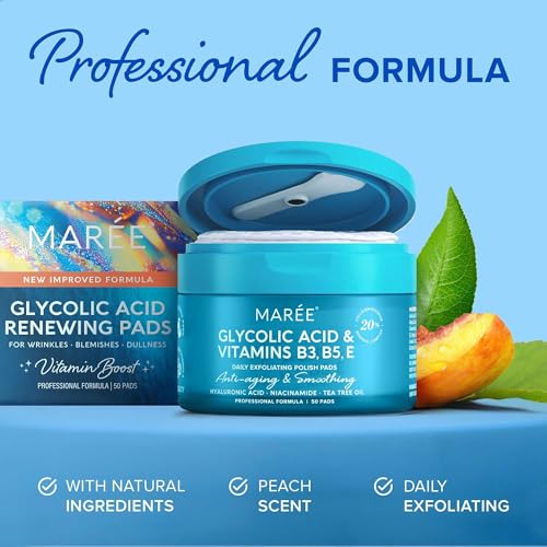 MAREE Glycolic Acid Pads - Toner Pads for Face Cleansing - Exfoliating Pad with Tea Tree Oil, Salicylic Acid & Vitamins E, B3, B5 - Acne Clearing, Skin Pore Resurfacing & Radiance Device - 50 Count MAREE Glycolic Acid Pads - Toner Pads for Face Cleansing - Exfoliating Pad with Tea Tree Oil, Salicylic Acid & Vitamins E, B3, B5 - Acne Clearing, Skin Pore Resurfacing & Radiance Device - 50 Count - Image 6