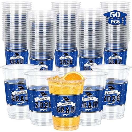 QZYL 50 PCS Graduation Cups 14 OZ Blue Grad Decorations Disposable Plastic Cup Bulk for Class of 2026 Congrats Grad Grad Party Supplies Favors Tableware for Hot Cold Drinks High School College