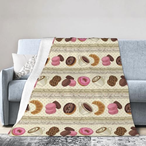 Weiche Flanelldecke mit süßen Orangen-Makronen, Keksen, heißem Kaffee und Donuts, Mikrofaser-Überwurfdecke, für alle Jahreszeiten, warme Bettdecke für Wohnzimmer, Sofa, Stühle, Couch, Kinderbett, 101,
