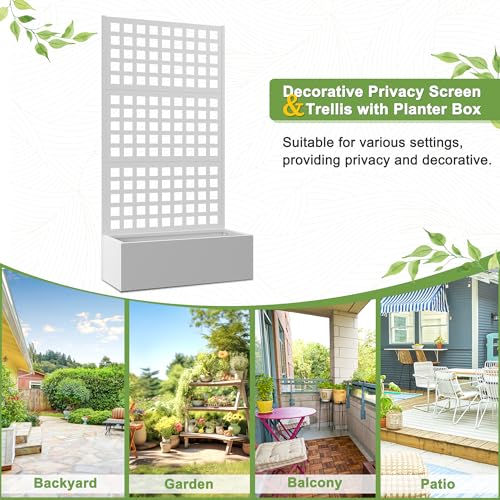 FENCY Outdoor Privacy Screen with Planter Box, Metal Trellis, 71" H, White - image 5