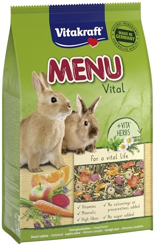 VITAKRAFT- Menu Vital, Aliment Pour Lapins Nains, Avec Luzerne, Pomme, Potiron, Enrichi Aux Herbes, Sans Sucre Ajouté Ni Céréales (1X 3Kg)
