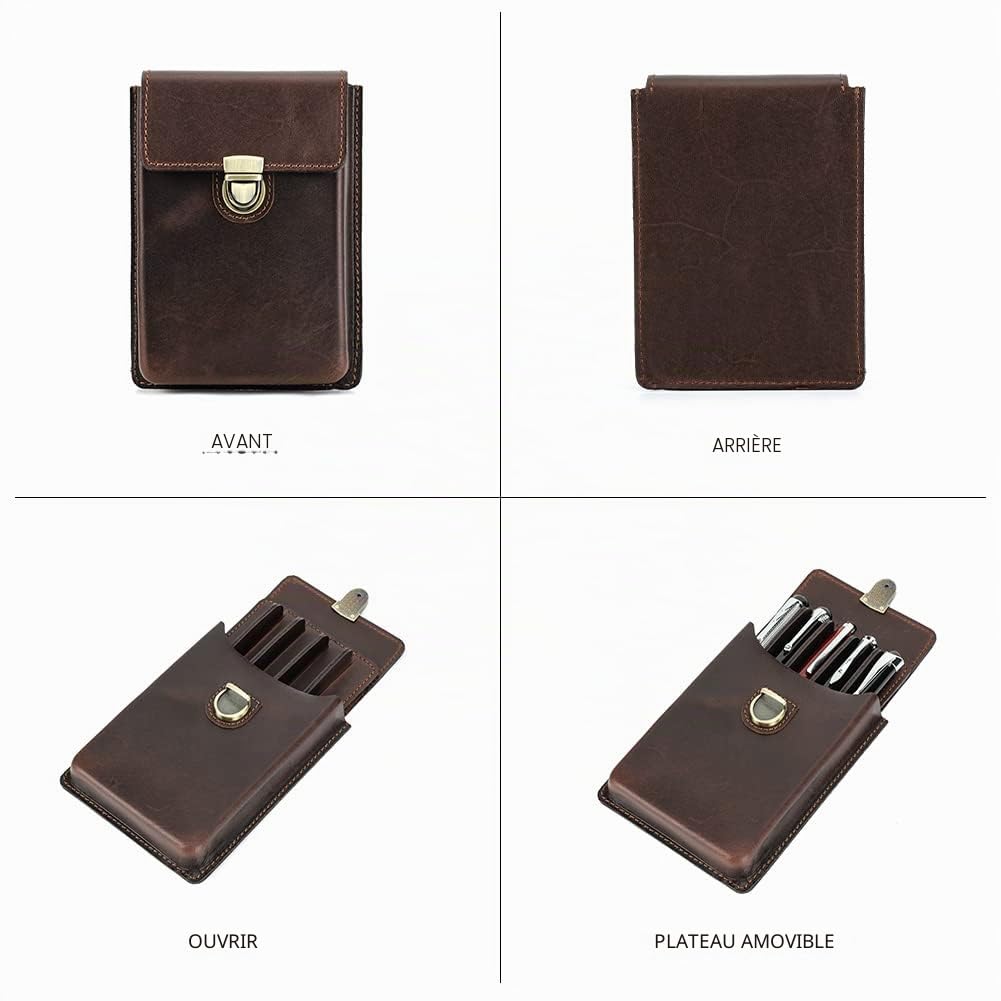 CONTACTS Étui à stylos vintage en cuir véritable pour 5 stylos, étui de protection pour voyage, accessoire de bureau élégant, boîte de rangement pour crayons