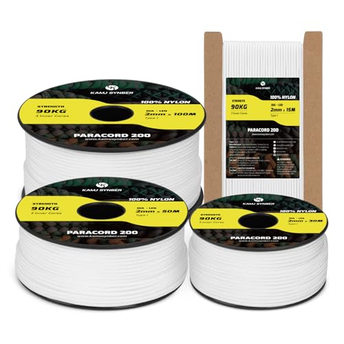 Kamu Synber Paracord 2mm 15M Seil 100% Nylon Schnur mit 3 Kern Reißfeste Typ I für Basteln, Outdoor, DIY, Camping | Tragkraft 90kg | Weiß