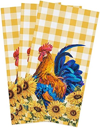 Kitchen Towels Farm Animal Rooster Sunflower Chicken Absorbent Tea Towel Soft Hand Dish Towel Yellow Plaid Reusable Washable Cleaning Cloth for Bathroom Bar for Everyday Cooking (Pack of 3)