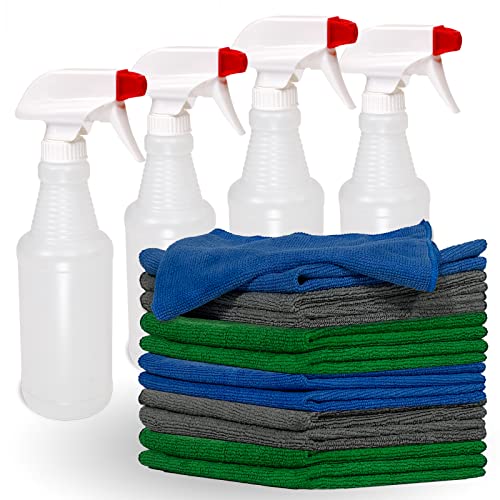 Pinnacle Mercantile 12 Microfiber Cloths and 4 Spray Bottles, Extra Large 16x16in Highly Absorbent Lint Free Towels and 16oz Heavy Duty Spray Bottles for Cleaning Home Kitchen Car or Janitorial