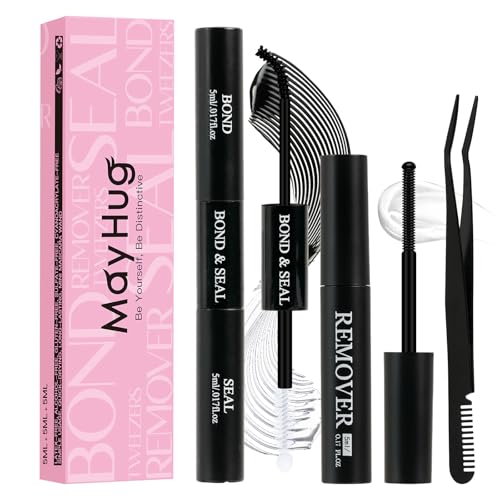 Mayhug Lash Bond and Seal with Lash Glue Remover and Tweezers for Lash Extension Clusters Fast Removal Waterproof Eyeash Glue Lash Extension Remover Lash Applicator Tools for Beginners