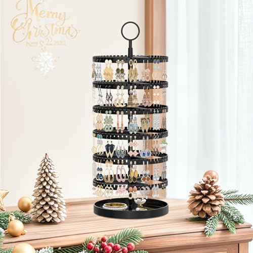 iDavosic.ly 6 Tier Rotating Earring Holder Organizer with Metal Tray, Adjustable Plastic Dangle Display Stands Tree with 342 Grooves, Large Hoop Storage Rack Tower, Black2