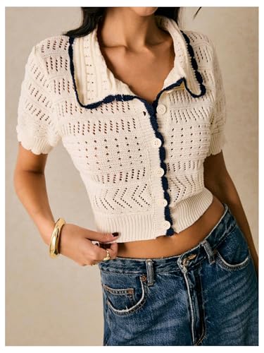 WDIRARA Women's Button Down Short Sleeve Cardigan Sweater Crochet Hollow Out Collared Knit Crop Tops2