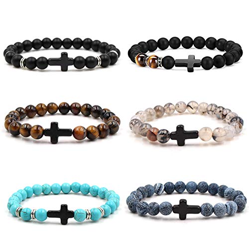 6Pcs Cross Natural Stone Stretch Bracelet Set Beads 8mm Lava Rock Tiger Eye Strand Elastic Healing Turquoise for Men Women Religion Jewelry-1