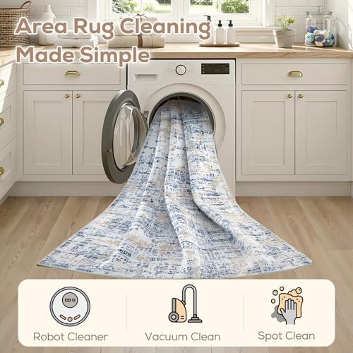 Nakagishi 5X7 Area Rugs for Living Room: Washable Modern Abstract Rug with Non-Slip Silicone Backing Low Pile Soft Carpet for Bedroom&Dining Decor Ideal for Families with Kids and Pets-Blue Golden — view 4