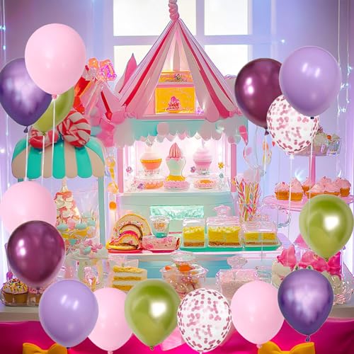 Image of Light Pink Purple Green Balloons Birthday Party Decorations-48Pcs 12inch Assorted Metallic Hot Pink Purple Balloon,Confetti Latex Baloons Kit for Princess Witch Fairy Monster Garden Jungle Theme Party