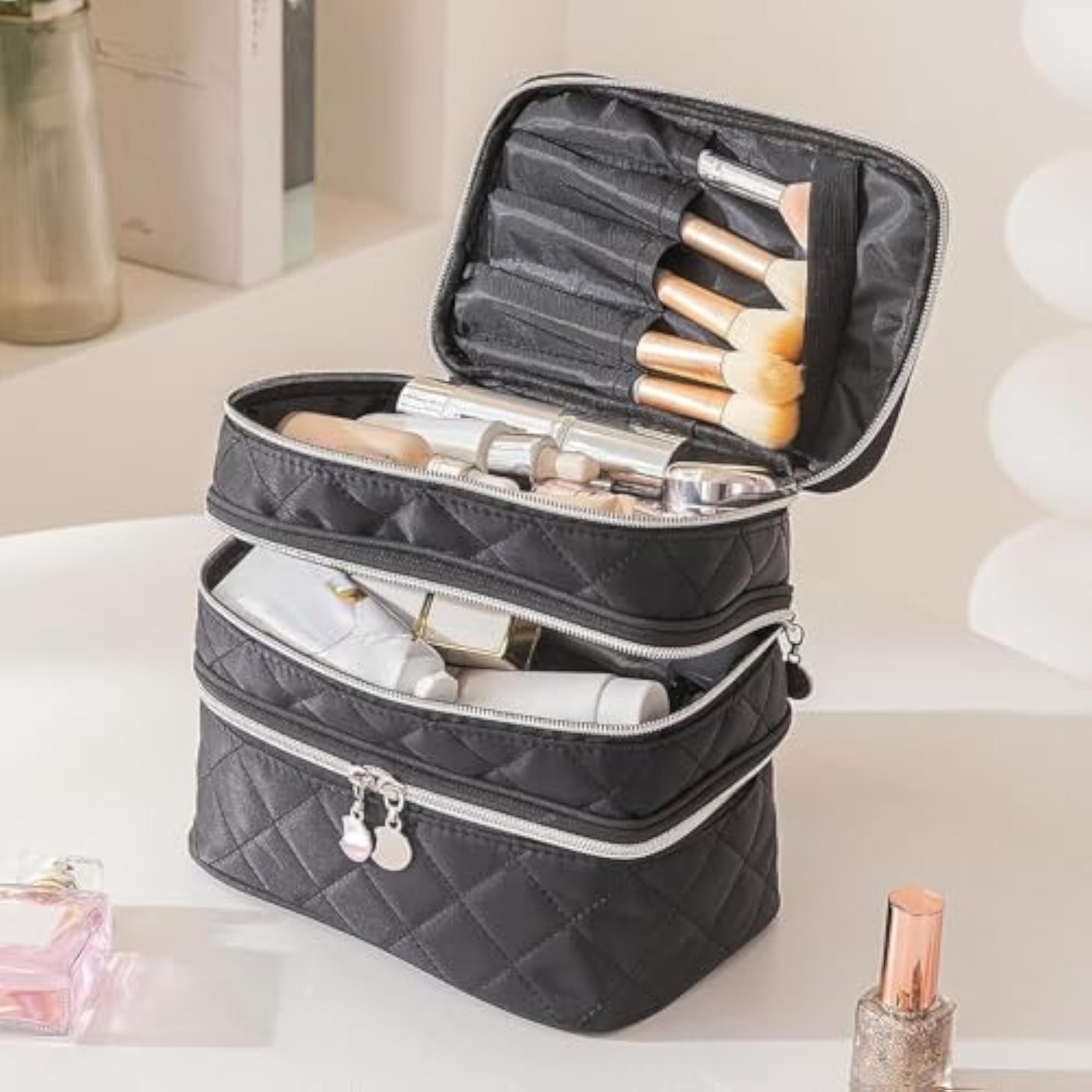 3 Floors Cosmetic Storage Bag for Brushes, Silver Zipper