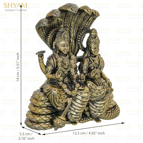 Image of Maa Laxmi And Vishnu Ji Resting On Snake Idol Brass 5.5 Inch Maa Lakshmi Vishnu Ji Sitting On Sheshnag Murti Lakshmi Narayan Statue for Home Office Temple Diwali Puja Gifting Decor Purpose