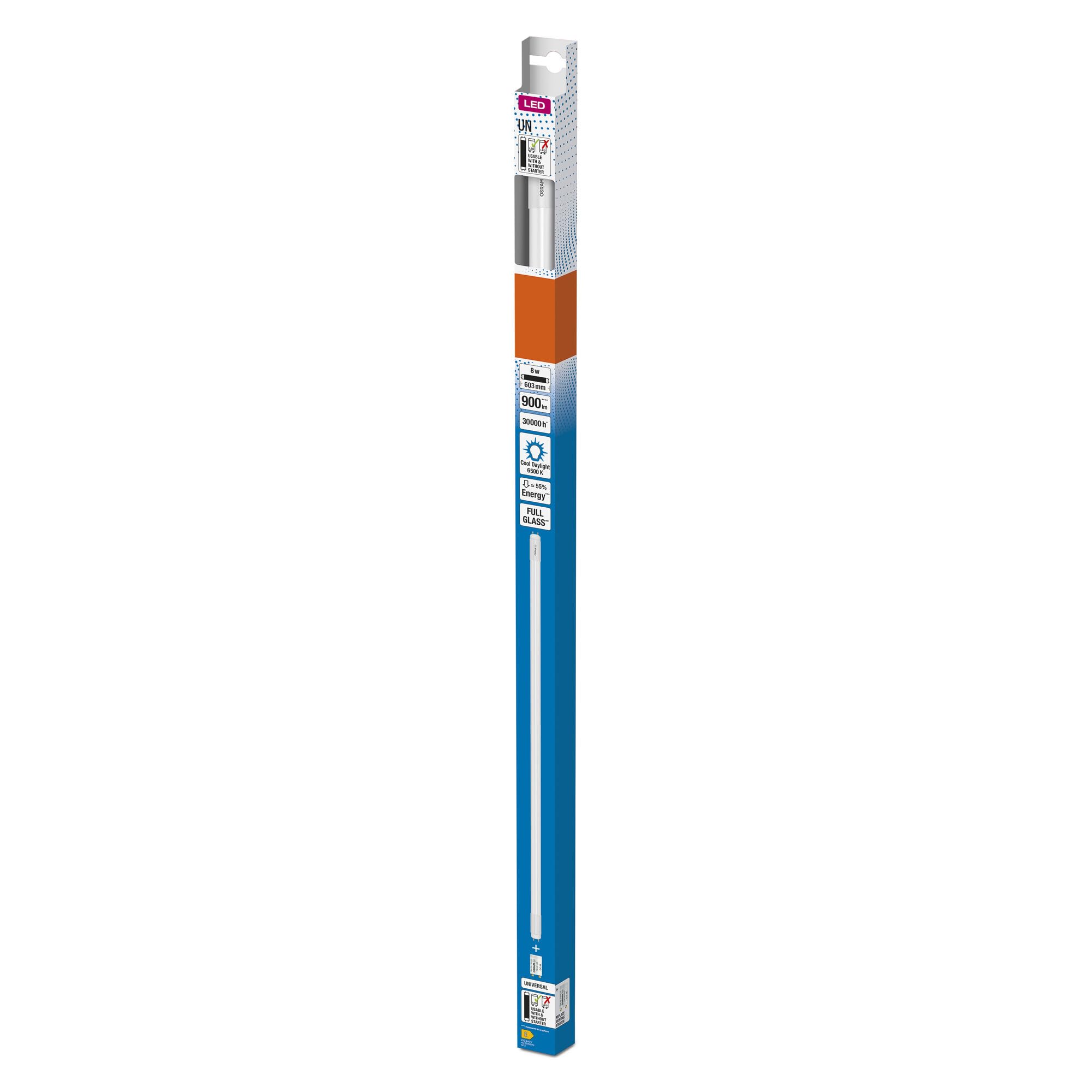 OSRAM Rurka LED T8 18 Un 600 mm, Liniowa Rurka LED, 8W, 900LM, 6500K, Białe Światło Dzienne, Wymiana LED dla Rur Światło T8 z Gniazdami G13, Długa Żywotność