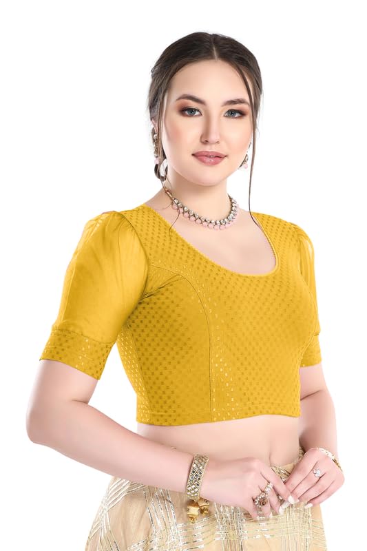 Image of FINESTFIT Stay On Trend Fashion 100% Cotton Readymade Blouses for Women,Round Neckline with Organza Balloon Sleeves.