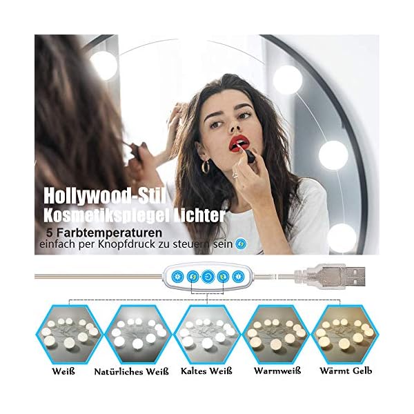 QYH Led Spiegelleuchte,10 Dimmbar Schminklicht,Make Up Licht,Spiegellampe,USB-Kabel Schminklampe für Schminktisch… – Bild 3