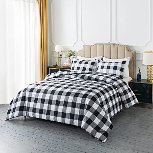 Image of Caressma Plaid Comforter Set Twin, Black White Checkered Boys Bedding Set | Classic Buffalo Gingham Print Soft Microfiber Comforter Bedset for Boys with Pillowcase