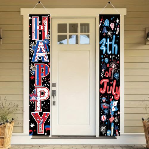 Image of BlissYard 4th of July Decorations 2Pcs Patriotic Decor Door Banner American Flag USA Banners Hanging Porch Signs for Memorial Veterans Labor Independence Day for Front Decor Yard Indoor Outdoor Supplies