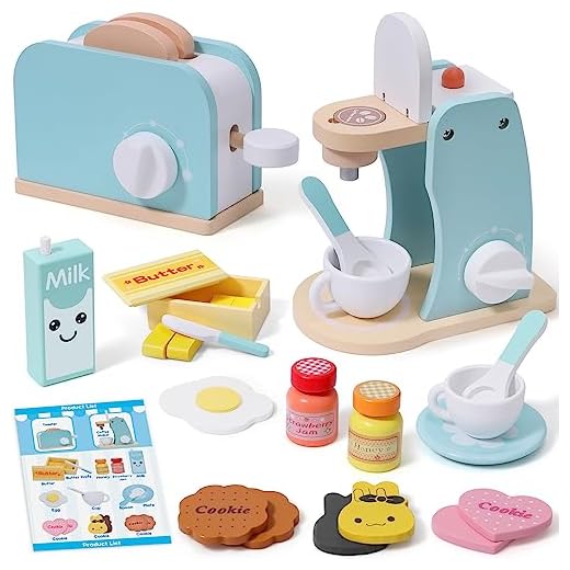 Cafetera Juguete & Tostadora Juguetes de Madera Accesorios de Cocina con Rebanadas De Pan Manteca Leche Salsa Huevo Cocina Juguete Madera Juego Educativos Regalo para Niños Niñas 3 4 5 6 7 años
