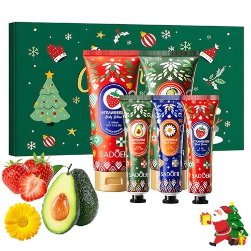 Juego de regalo de crema de manos y loción corporal navideña, 2 cremas corporales de 100 ml y 3 cremas para el cuidado de manos de 30 ml, cuidado hidratante para piel y manos secas, set de regalo de