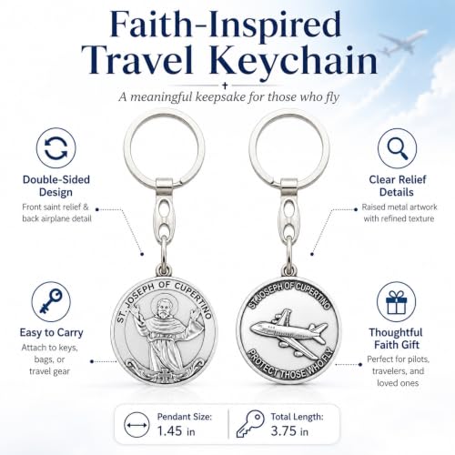 Image of Brilucky St Joseph of Cupertino Medal Keychain,Saint Joseph of Cupertino Key Chain for Pilot,Aviators, Air Travelers,Airplane Gifts,Catholic Religious Airplane Keychain,Flight Attendant Essentials