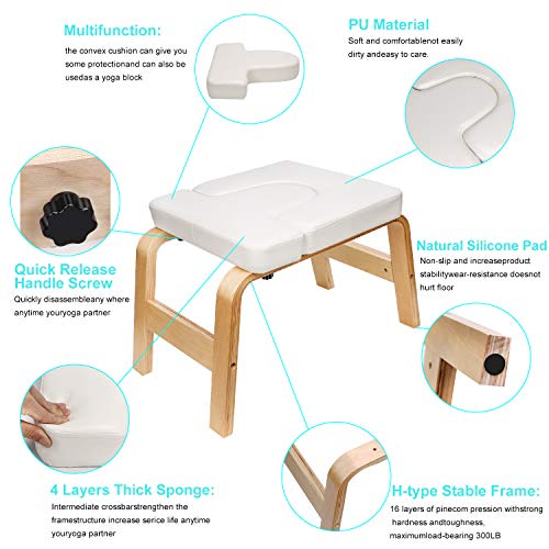 EveryMile Yoga Headstand Bench - Yoga Inversion Stand Chair for Family, Gym Workout Fitness - Wood and PU Pads - Relieve Fatigue and Build Up Body (White)