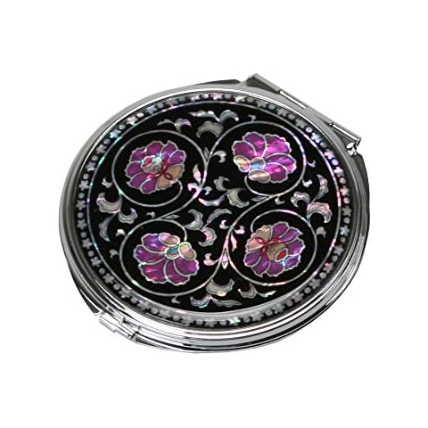 Mother of Pearl Purple Flower Art Deco Black Round Double Compact Handbag Purse Makeup Cosmetic Pocket Hand Mirror with Arabesque Design Cover