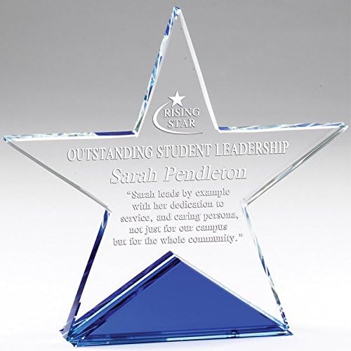 SHOP AWARDS AND GIFTS Estrella de cristal de corte óptico personalizable de 6 x 6 pulgadas en base azul con personalización