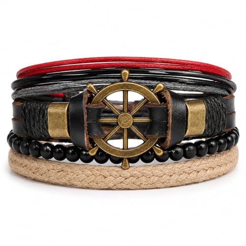 Image of Young & Forever Multi-Layer Leather Bracelet for Men | Adjustable Handmade Wrap Bracelet with Beads, Anchor, Evil Eye, Feather & Boho Charms | Vintage Punk Casual Wristband Gift for Men & Boys