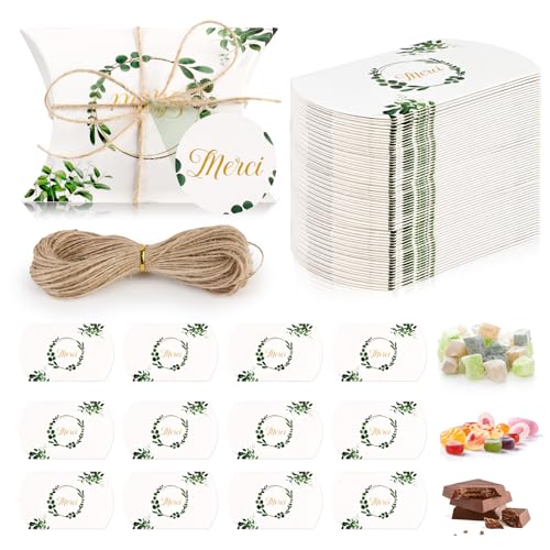 Lot de 100 Boîtes Dragées Mariage en forme de Coussin Boite Dragees Bapteme Comprend une Corde en Chanvre Boite Bonbon Contenant Dragées pour Mariage Fête...