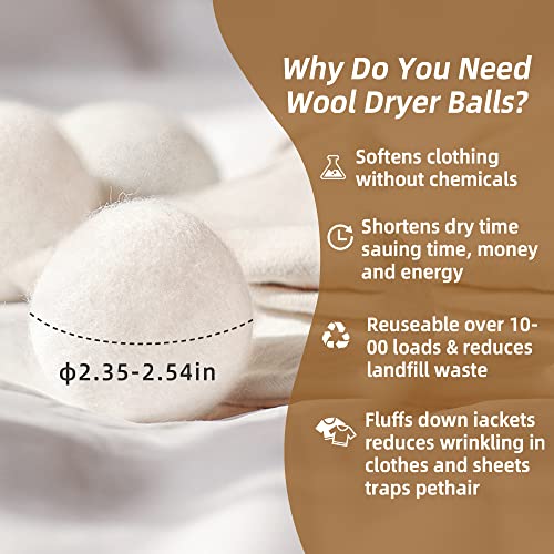 ZERNBER Wool Dryer Balls XL 6-Pack, Dryer Balls Laundry Reusable Reduce Clothing Wrinkles, Drying Clothes Faster