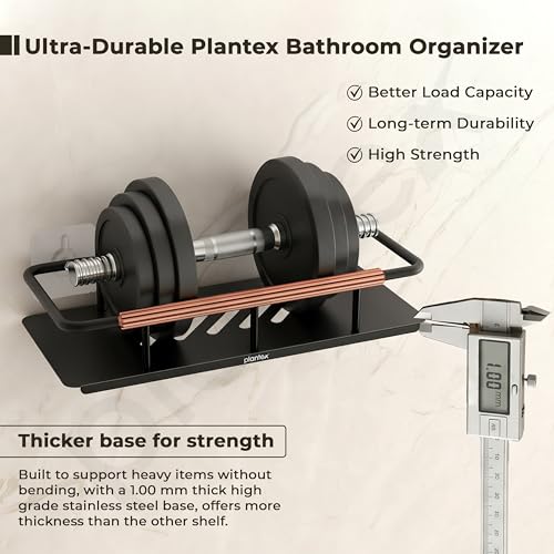 Image of Plantex Self Adhesive Bathroom Shelf /Stainless Steel Bathroom Shelf Rack /Wall Shelf for Bathroom /Bathroom Organiser Without Drill /Bathroom Accessories SetPack of 1 (12x5 inches, Copper & Black)
