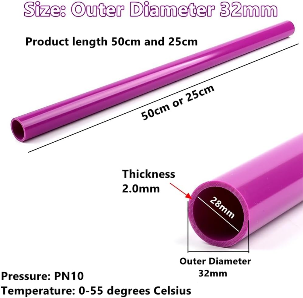 Durable Purple UPVC Pipe for Irrigation, Aquarium, Plumbing - 20/25/32/40/50mm OD, 25cm/50cm Length, 2/5 PCS Set(5pcsx50cmx32mm)