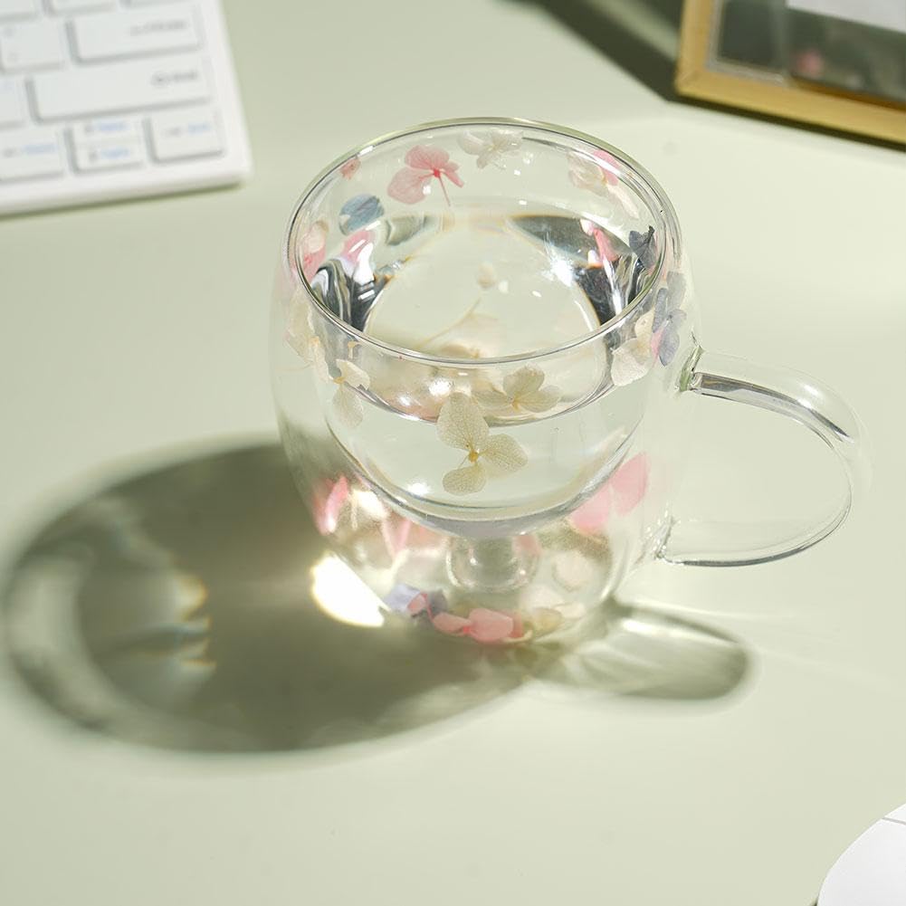 Dried Flowers Double Wall Coffee Cups creative Clear Glass Cups With Handle double Insulated Glass Cup aesthetic Dried
