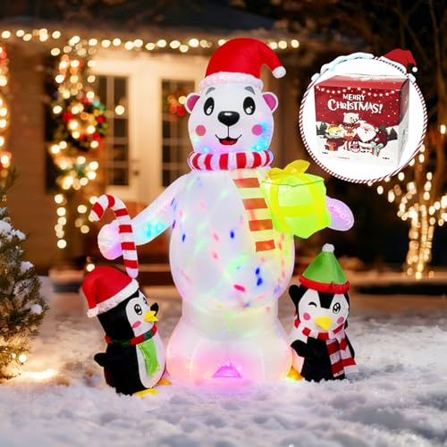 PoolyPoly 180CM Noël Gonflable Ours Polaire avec des Lumières LED Colorées, Décoration de Noël Extérieure/Intérieure pour Cour, Balcon, Jardin, Piquets...