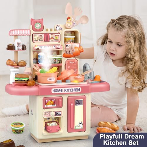 Image of VGRASSP Dream Kitchen Playset Toy Pretend Play Realistic Cooking Action Modern Kitchen Set - Light Up Stove Real Like Working Sink - Multicolor (Random Color As Per Stock) (Without Mist Spray)