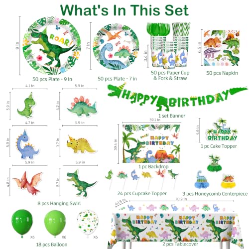 Image of 356Pcs cocomigo Dinosaur Birthday Decorations Tableware Set, 50 Serves