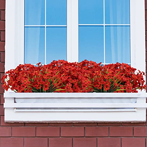 Cewor 24 Bundles Artificial Flowers For Outdoors, Fake Silk Flowers Faux Plants Uv Resistant For Hanging Planters Window Box Front Porch Indoor Outside Decorations (Red) #TOP3