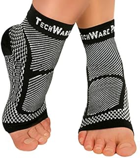 TechWare Pro Ankle Brace Compression Sleeve - Relieves Achilles Tendonitis, Joint Pain. Plantar Fasciitis Foot Sock with Arch Support Reduces Swelling & Heel Spur Pain. (Black, L / XL)