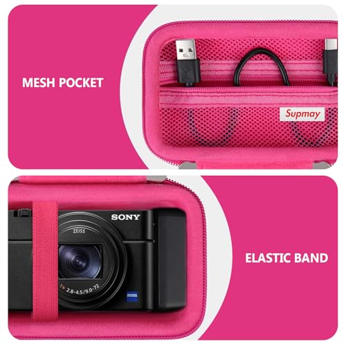 Image of Carrying Case for Sony RX100 VII / RX100 VI / RX100 V / RX100 IV / RX100 III Premium Compact Camera, Storage Holder Travel Bag with Zipper Mesh Pocket for Charging Cable, USB Card, Rosered