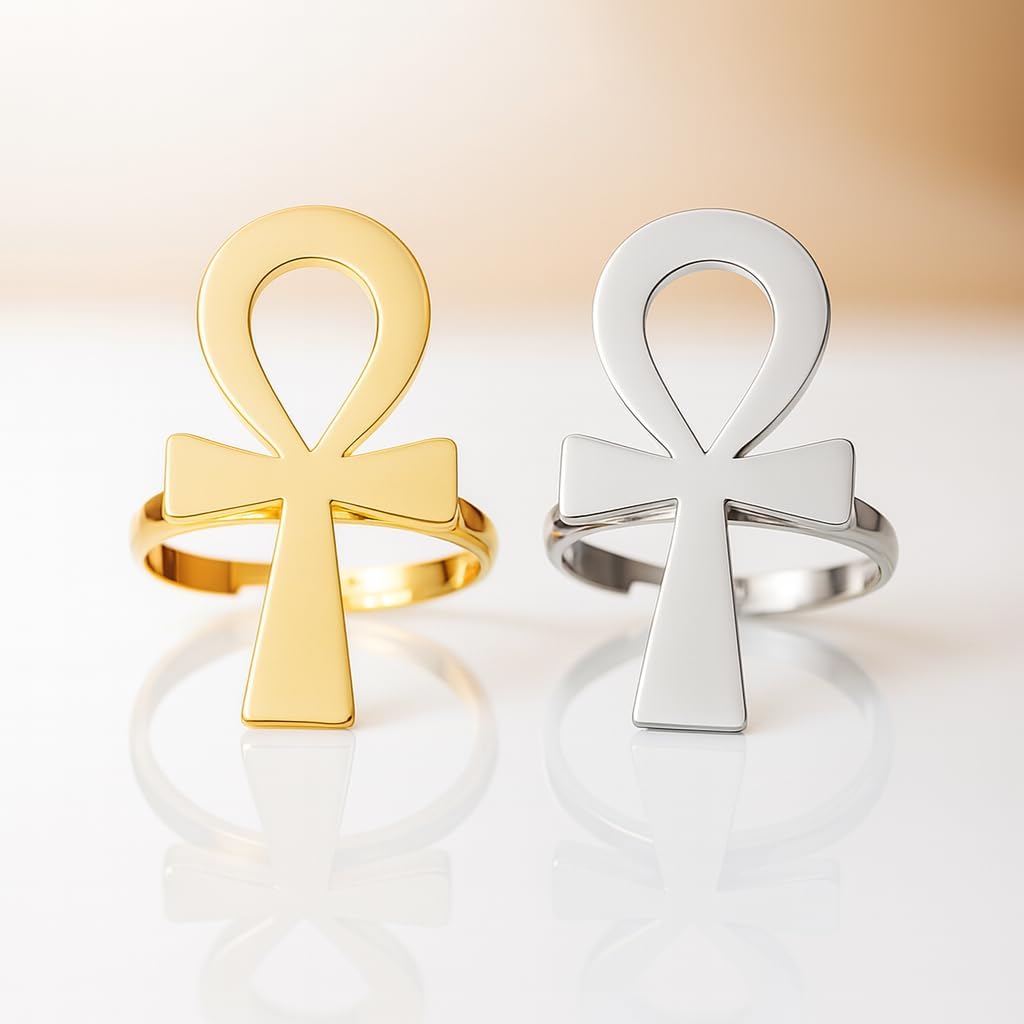Ankh Cross Ring for Women Men, Egyptian Symbol Adjustable Ring Gold Silver Stainless Steel Statement Jewelry, Gothic Punk Unisex Cross Trendy Fashion Jewelry Gift