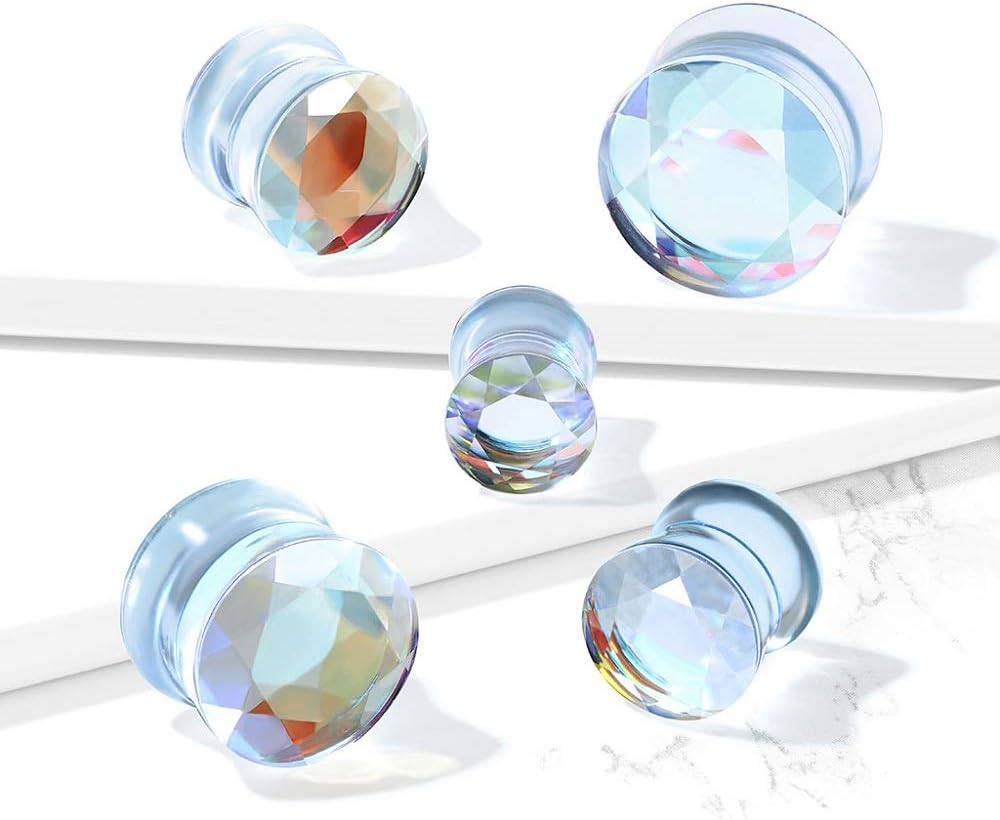 Pierced Owl - Iridescent Glass Faceted Double Flared Saddle Plug Gauges, Sold as a Pair - Image 4