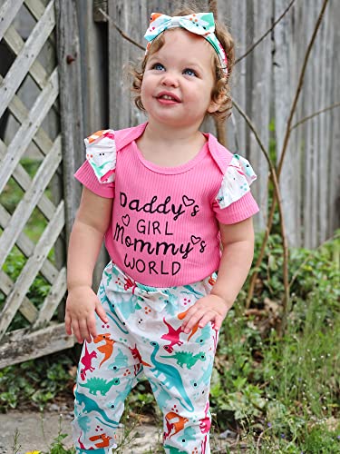 Amawmw Newborn Baby Girl Clothes Outfit Short Sleeve Ruffle Romper Dinosaur Prints Pants Headband Set (Rose, 3-6 Months) #TOP1