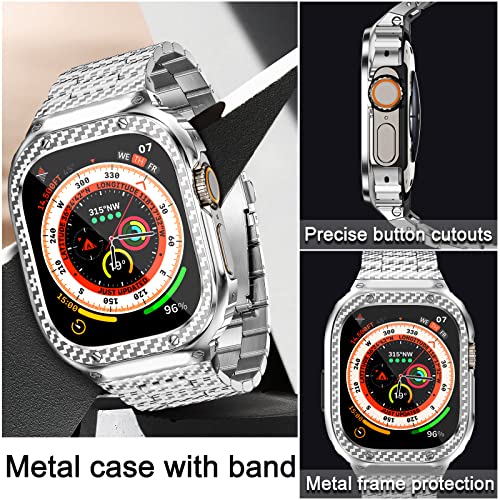 Image of MioHHR Stainless Steel Band and Case Compatible with Apple Watch Band 49mm | Men Metal Protective Bumper Cover with Straps for iWatch 49mm Series Ultra 3, Ultra 2, Ultra, Silver Pattern