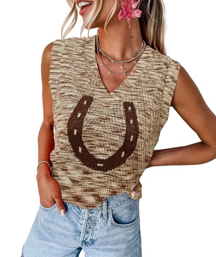 Image of MARZXIN Women Sleeveless Sweater V Neck Casual 2026 Fall Knitted Chevron V Neck Sweater Vest Color Block Pullover Sweater Top