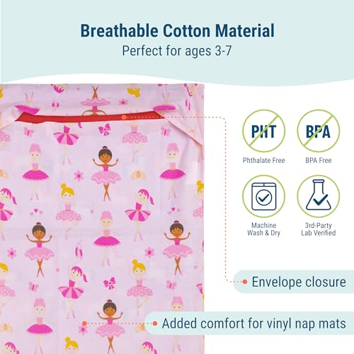 Image of Wildkin Kids Cotton Nap Mat Cover for Girls - Soft Replacement Cover with Sewn-in Flap, Fits 1.5 inch Vinyl Sleep Mats, Machine Washable, Daycare & Preschool, Ages 2-6 - Ballerina